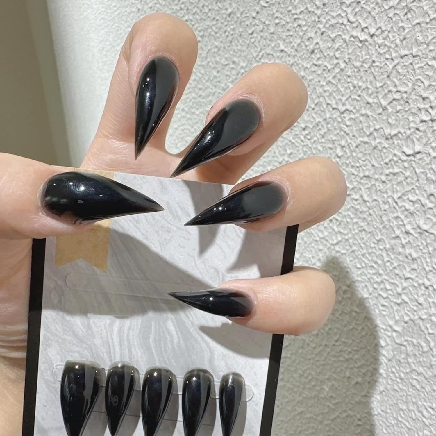 Halloween Press on Nails Black Short Glossy Curved Stiletto Handmade Design Stick on Nails Thick Fake Nail Dragon Cat Claw Acrylic Glue on Nail