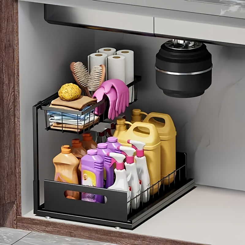 2 Pack Under Sink Organizer Pull Out, 2 Tier Slide Out Cabinet Storage Shelf for Kitchen Bathroom Sink Cabinet
