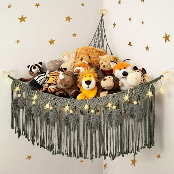 Macrame Stuffed Animal Hammock with Star Light Bear Storage Net for Girls Room Decor Corner Hanging Mesh Organizer Idea for Nursery Plushies Toy Wall Hanging Display Holder Kid Boy