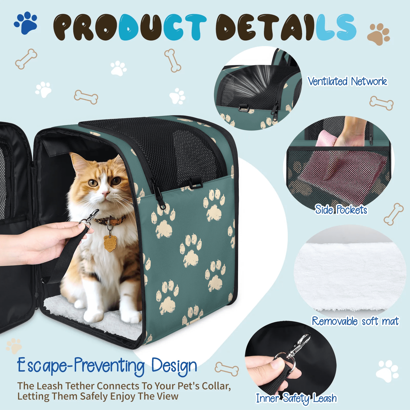 Dog Backpack Carrier, Breathable Pet Carrier for Small Dog & Cat, Lightweight Travel Backpack, Paw Print Pattern
