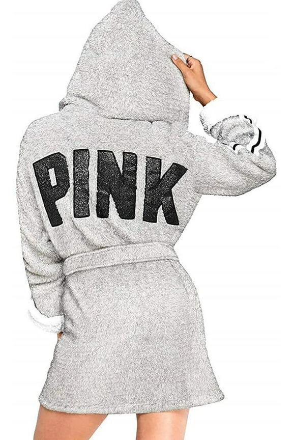 Pink Hooded Sherpa Lined Cozy Short Plush Robe Silver Gray XS/S New