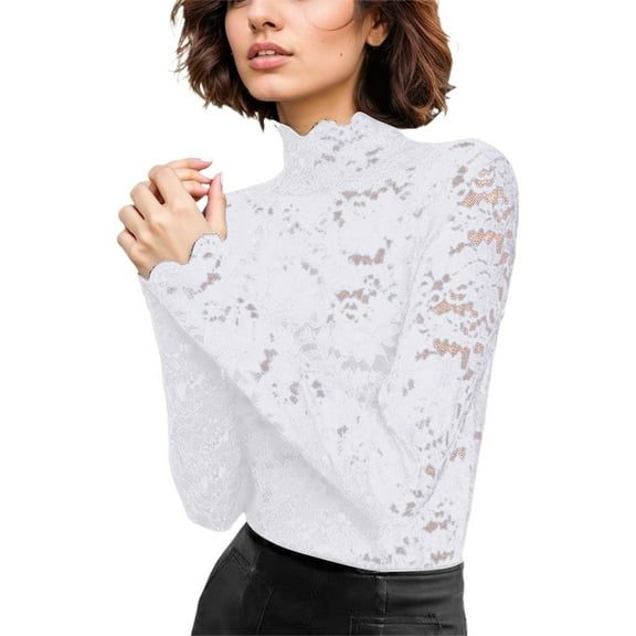 Arlun,Womens Oversized Lace Sheer Mesh T Shirts Tops Ladies Neck Long Sleeve Solid Color Thin Tshirts Soft Comfortable Slim Fit Lightweight Sexy Tops White XL