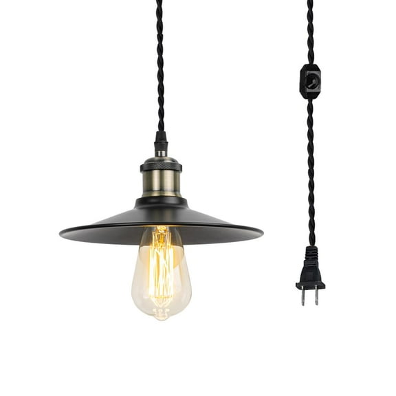 KAYYELAMP 19.6 Feet Dimmable Switch Plug in Pearl Black E26 Base Black Metal Shade Retro Design Hanging Lamp for Kitchen Bar Bedsides(No Bulb)