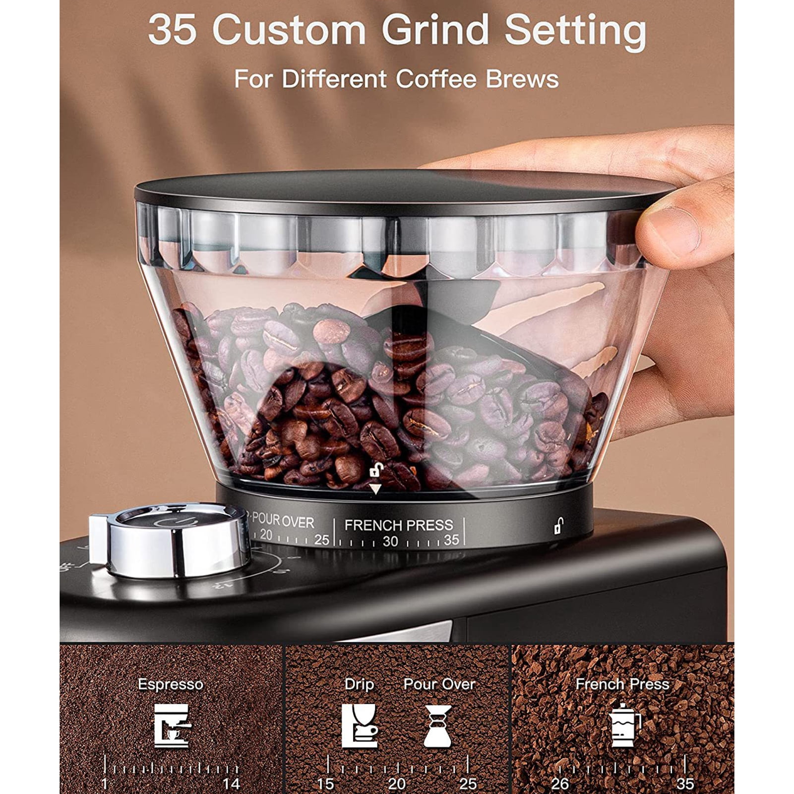 Cacagoo Burr Coffee Grinder, Electric Coffee Bean Grinder with 35 Precise Grind Settings, 2-12 Cup, for Espresso/Drip/Pour over/Cold Brew/French Press