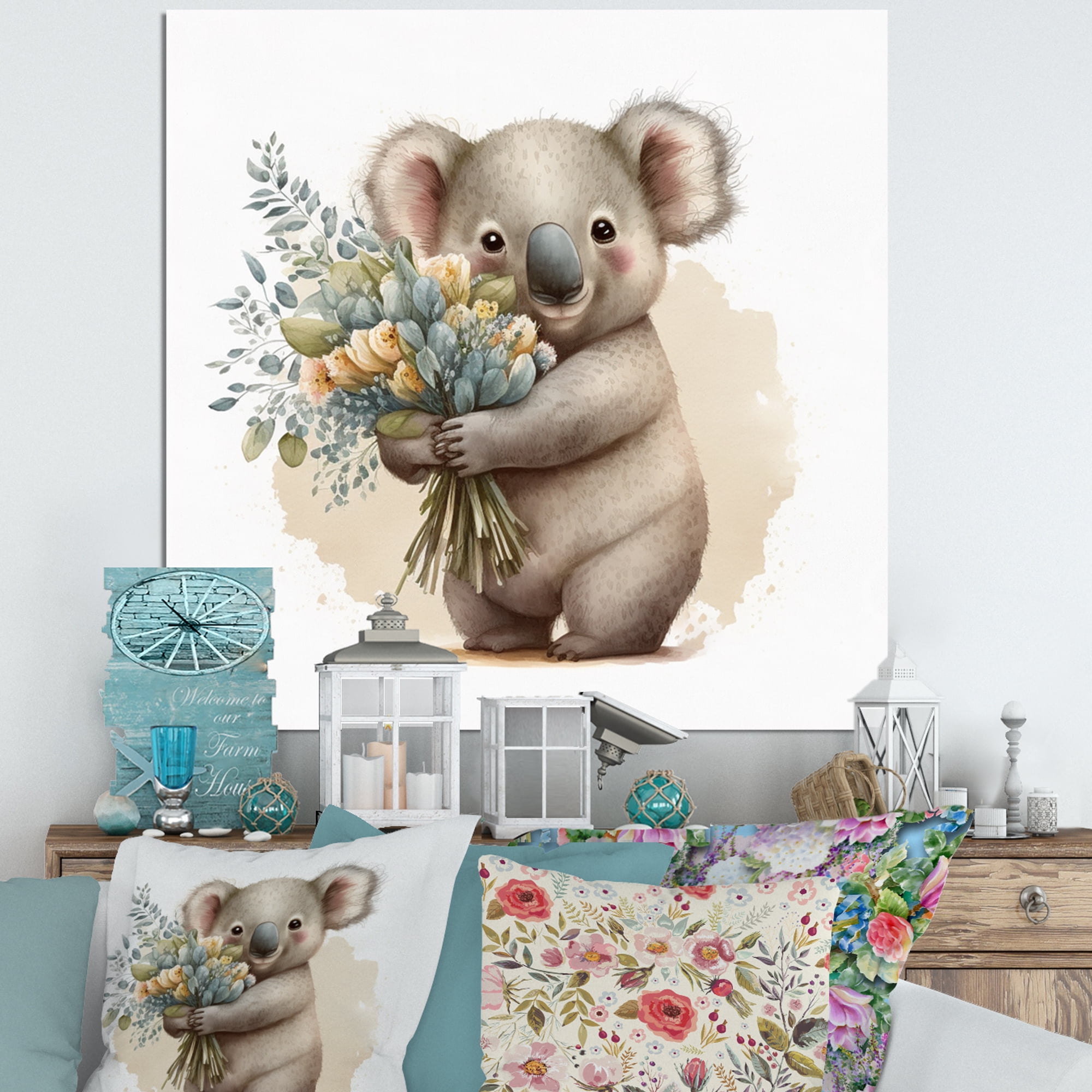 Designart Koala Bear Holding Flowers Canvas Wall Art
