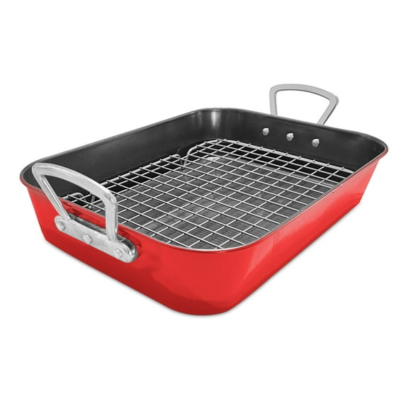 Roasting Pan with Rack Nonstick Roasting Baking Tray with Handle Carbon Steel Versatile Christmas Roasting Pan for Turkey,Chicken,Steak,Beef,Seafood,Vegetables,Pasta,etc Red 15.7inch,44.5cm