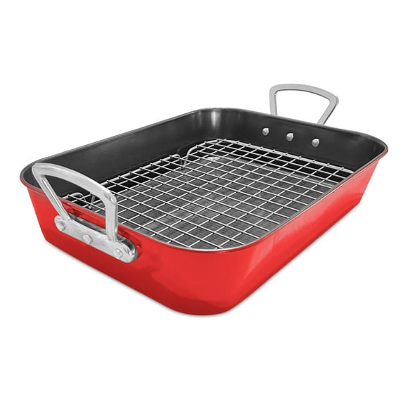 Roasting Pan with Rack Nonstick Roasting Baking Tray with Handle Carbon Steel Versatile Christmas Roasting Pan for Turkey,Chicken,Steak,Beef,Seafood,Vegetables,Pasta,etc Red 15.7inch,44.5cm
