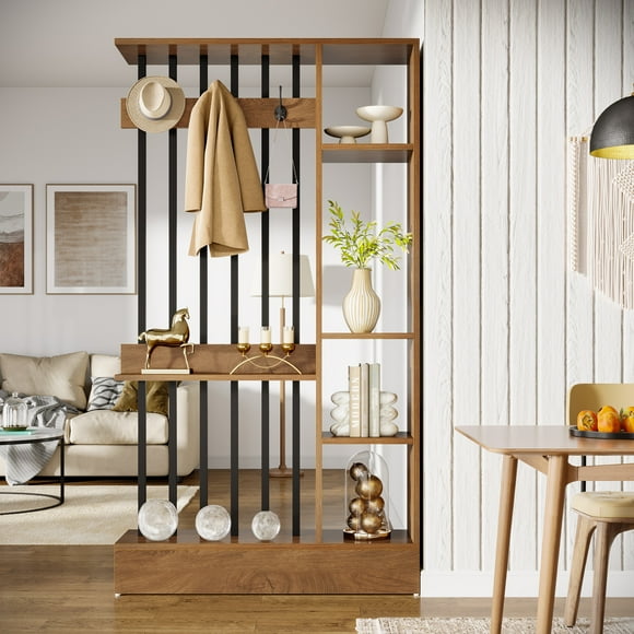 Tribesigns 71" H Wall Room Divider, Industrial Room Divider with Shelves & Coat Hooks, Freestanding Wood Wall Partition for Home Office, Brown