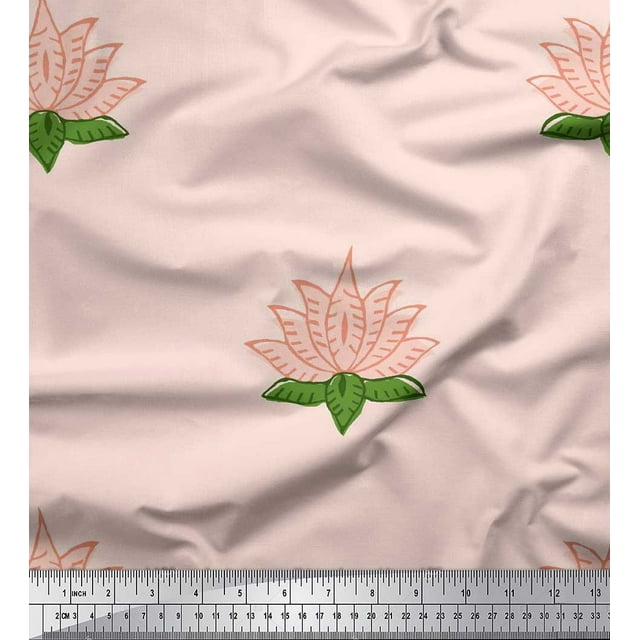 Soimoi Modal Satin Fabric Leaves & Lotus Block Printed Fabric 1 Yard 42 Inch Wide