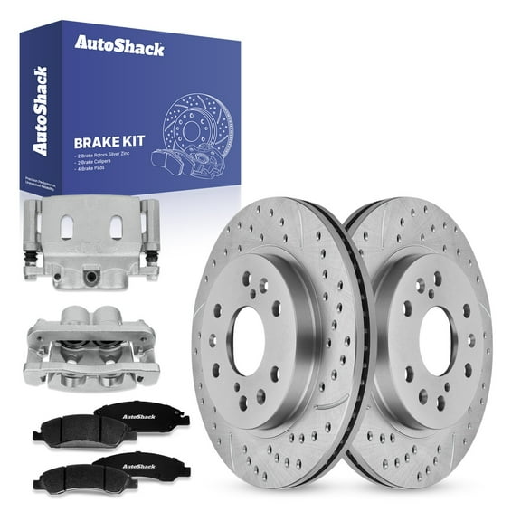 AutoShack Front Drilled & Slotted Brake Rotors Ceramic Brake Pads Calipers | Replacement for 2005-2008 Chevrolet Silverado 1500 2007-2008 GMC Yukon | Zinc Coated | 8-PC Brake Kit | SilverShield Pro