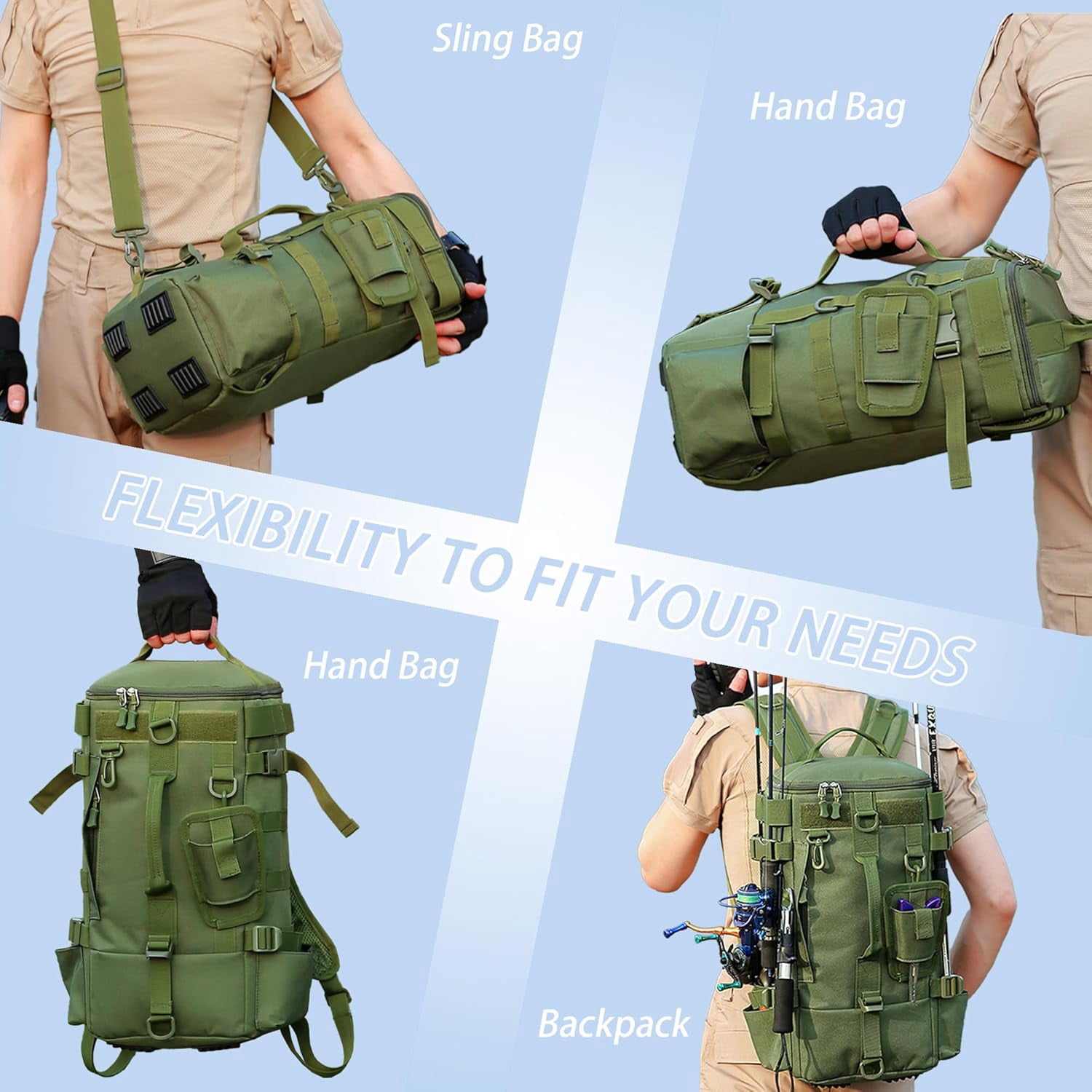 Fishing Backpack with Rod Holder, Water-Resistant Fishing Tackle Backpack, Hiking backpack, Bag Sling Tackle Storage Backpack, Lightweight Fishing Gear Bag for Hiking, Camping, Kayak, Outdoor Trip