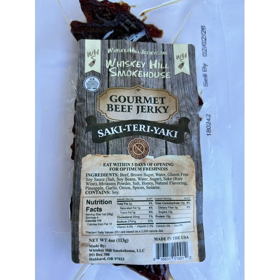 Whiskey Hill Smokehouse - SAKI-TERI-YAKI - Gourmet Beef Jerky - Gluten Free (4oz)