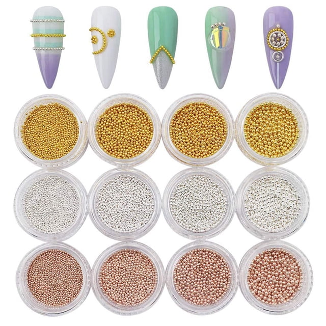 YBW Mesiyun Nail Art Micro Cuentas Doradas Bola De Acero Plateada Oro Rosa Mini Caviar De Metal 3D DIY Manualidades Manicura Kit De Accesorios Decorativos 12 Macetas