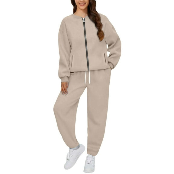 LEKODE Sweat Pants and Hoodie Set Women Matching Sweat Set Two Piece Tracksuit for Women Linen Sets for Women 2 Piece Sports Jacket with Pocket Hoodie Sets Two Piece Sets for Women Dressy Beige L