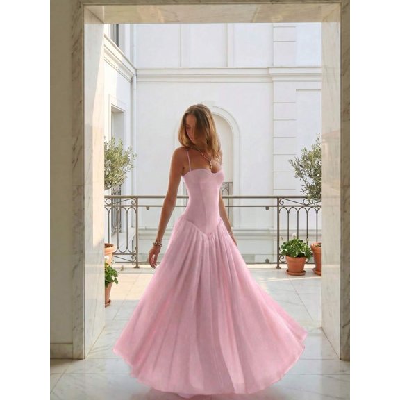Elegant Pink Spaghetti Strap Pleated Maxi Dress For Wedding Guest Formal Summer Occasion