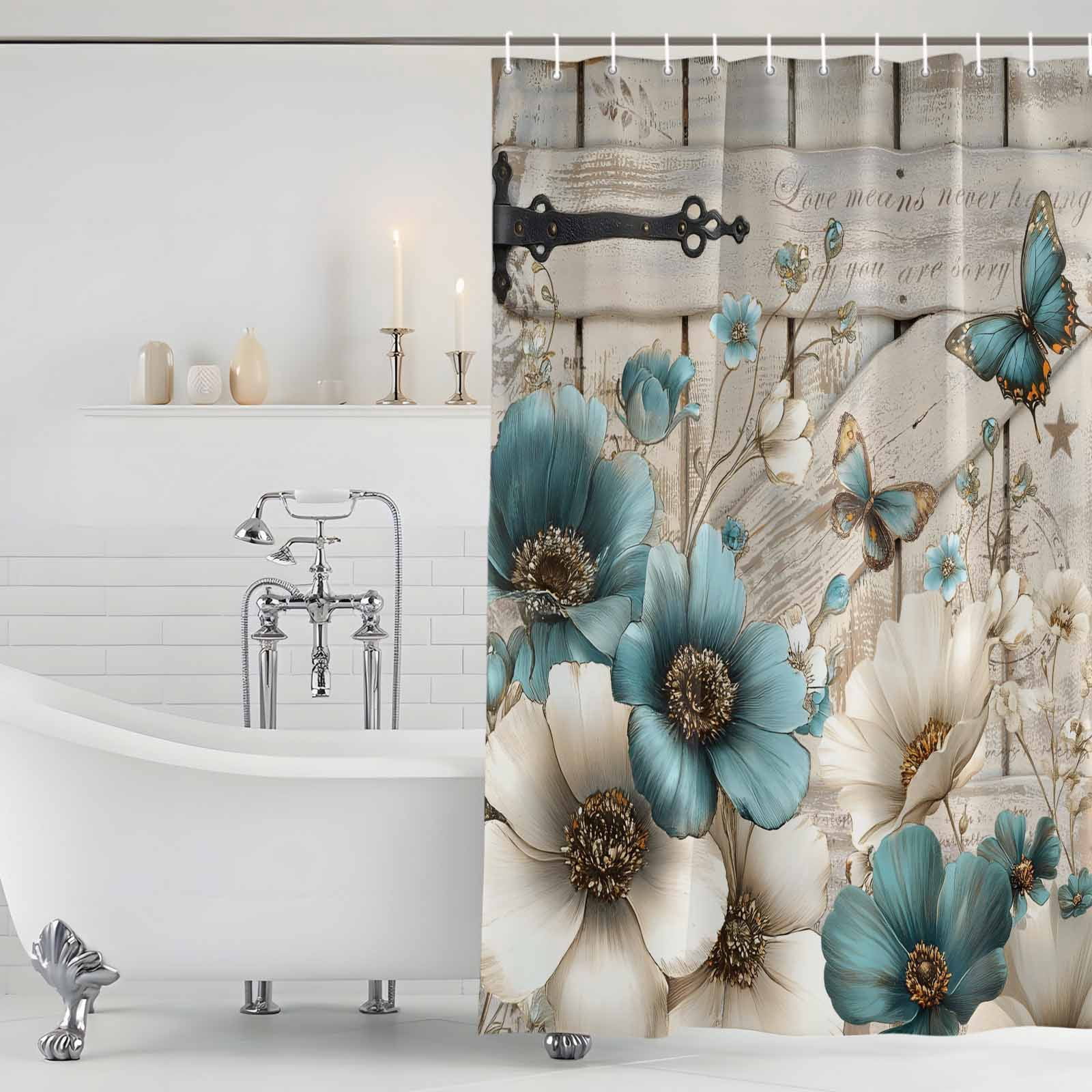 Teal Tulip Butterfly Shower Curtain, Waterproof Shower Curtains for Bathroom, Beige Turquoise Floral Farmhouse Wooden Washable Fabric Bathtub Curtain Set Bath Decor with 12 Hooks Stall 36"x72"
