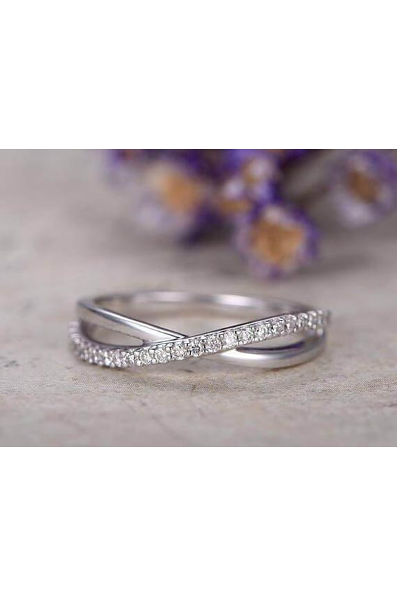 Moissanite Diamond Wedding Bands women half Eternity solid 10k white gold Engagement Ring stacking matching band loop curved
