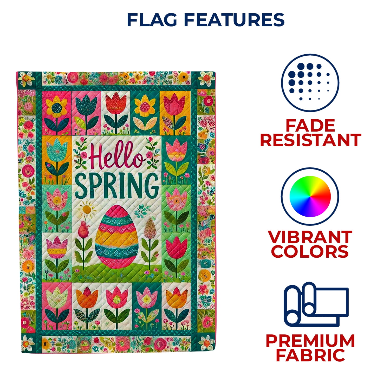 America Forever Hello Spring Patchwork House Flag, 28 x 40 inch Double Sided, Quilted Patterns Flowers Yard Flags, Easter Egg Banner, Spring Seasonal Outdoor Easter Day Decorations for Lawn