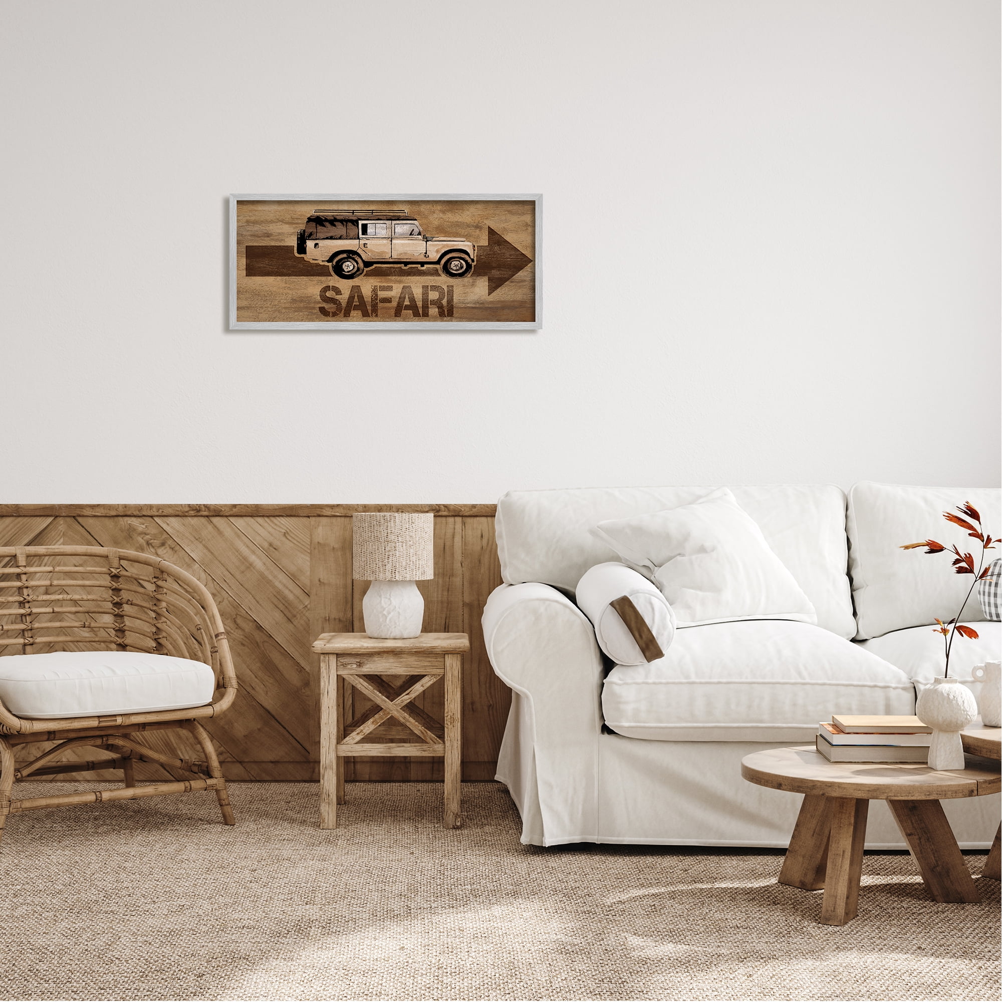 Stupell Industries Safari with Right Facing Arrow Transportation Painting Gray Framed Art Print Wall Art, 30 x 13