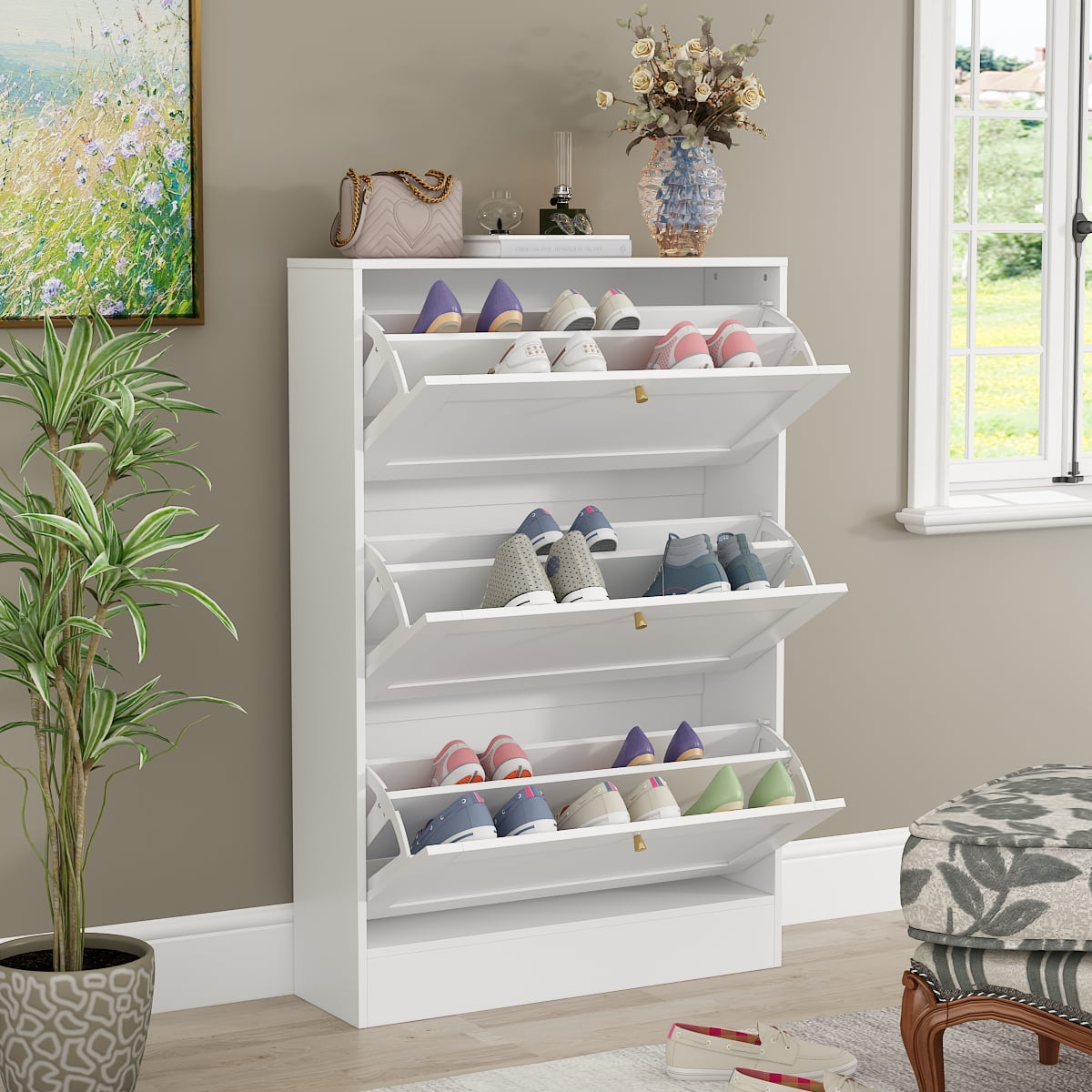 LAZZO Shoe Cabinet for Entryway, White Narrow Shoe Storage Cabinet Flip  Down Shoe Rack Wood 3 Tier Shoe Organizer for Home and Apartment 