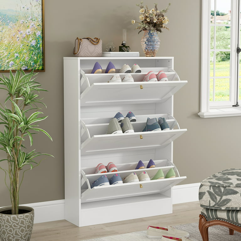 HOPUBUY Shoe Cabinet for Entryway, White Narrow Shoe Storage Cabinet Flip  Down Shoe Rack Wood 3 Tier Shoe Organizer for Home and Apartment