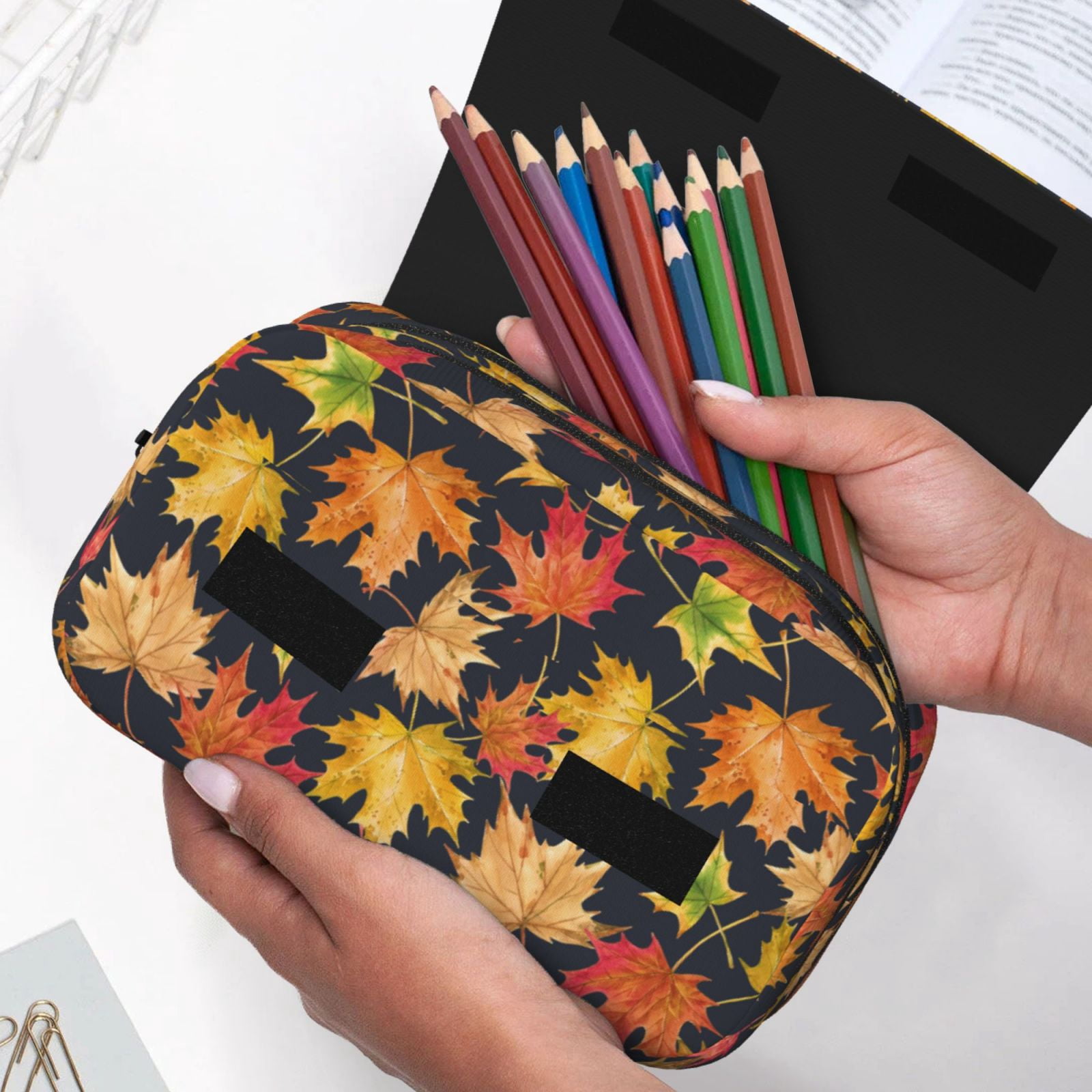 Rateoe Colorful Maple Leaves Pattern Double Clamshell Pen Case, Storage Organizer with Two Zipper Compartments– Holds Up to 50 Pencils & Pens