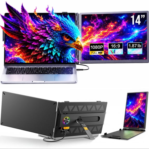 Laptop Screen Extender, 14" FHD 1080P IPS Portable Dual Monitor for Laptop, USB-C/HDMI Compatible, Plug & Play, Lightweight 1.87lb, for 13-17.3" Windows Mac Chromebook