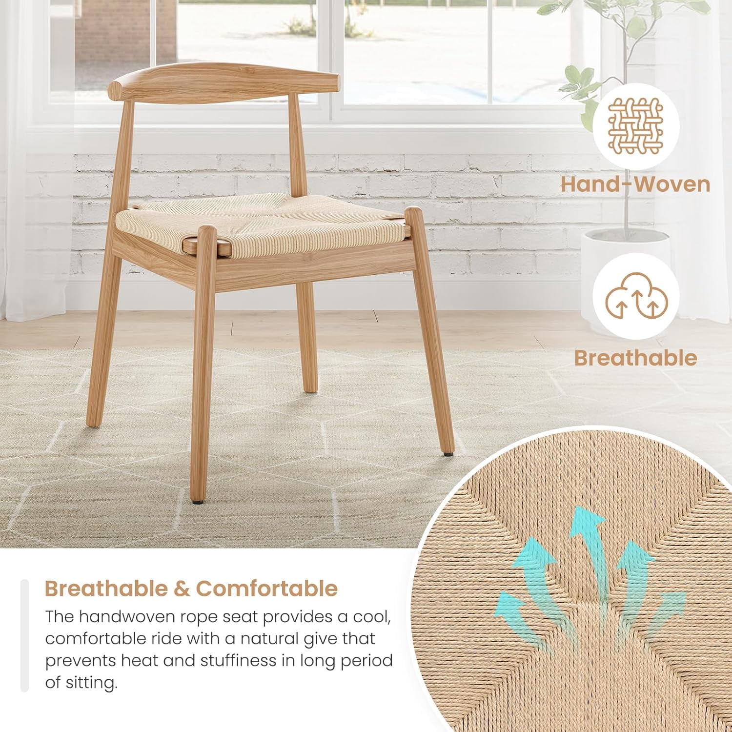 Farini Mid-Century Dining Chairs Set of 2, Solid Wood Frame & Woven Leather Seats, Nature-Beige