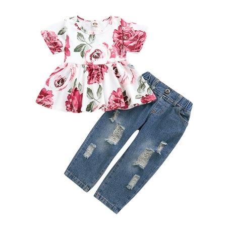 

OLLUISNEO Infant Baby Girls Pants Outfits 6 Months Summer Pants Outfits 9 Months Floral Print Crew Neckline Short Sleeve Top Ripped Denim Pants 2 PCS Set