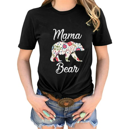 Fancyleo 2019 New Casual Round Neck Black Short Sleeve Tee Shirt Women Fashion Mama Bear Printed T-Shirt Gift For