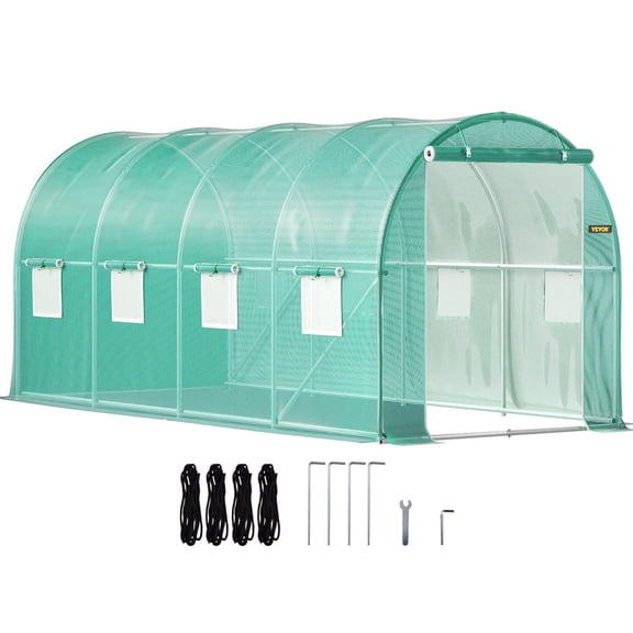 VEVOR Walk-in Tunnel Greenhouse, 15 x 7 x 7 ft Portable Plant Hot House with Galvanized Steel Hoops, 1 Top Beam, Diagonal Poles, Zippered Door & 8 Roll-up Windows, Green