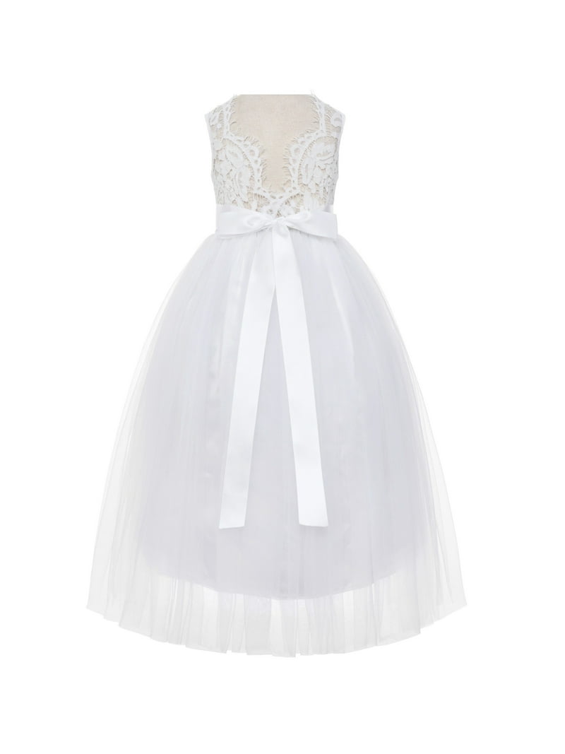 White Scalloped V-Back A-Line Lace Flower Girl Dress for Baptism 207R4 White / White / 4