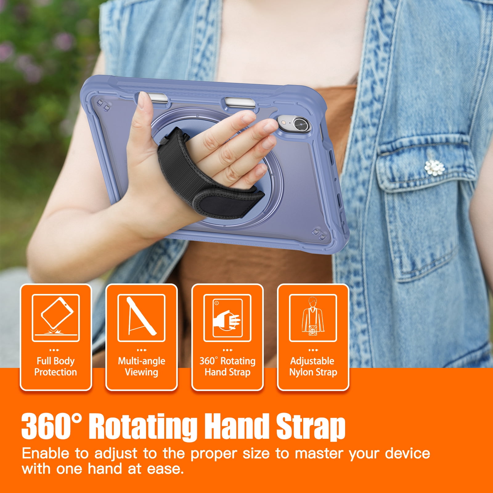 Shockproof Case for Apple iPad mini 6/7, iPad mini 6th 7th Gen Cover, 360 Rotating Stand Translucent Back Cover Shockproof Adjustable Shoulder Strap Kids Friendly with Pencil Holder, Grey