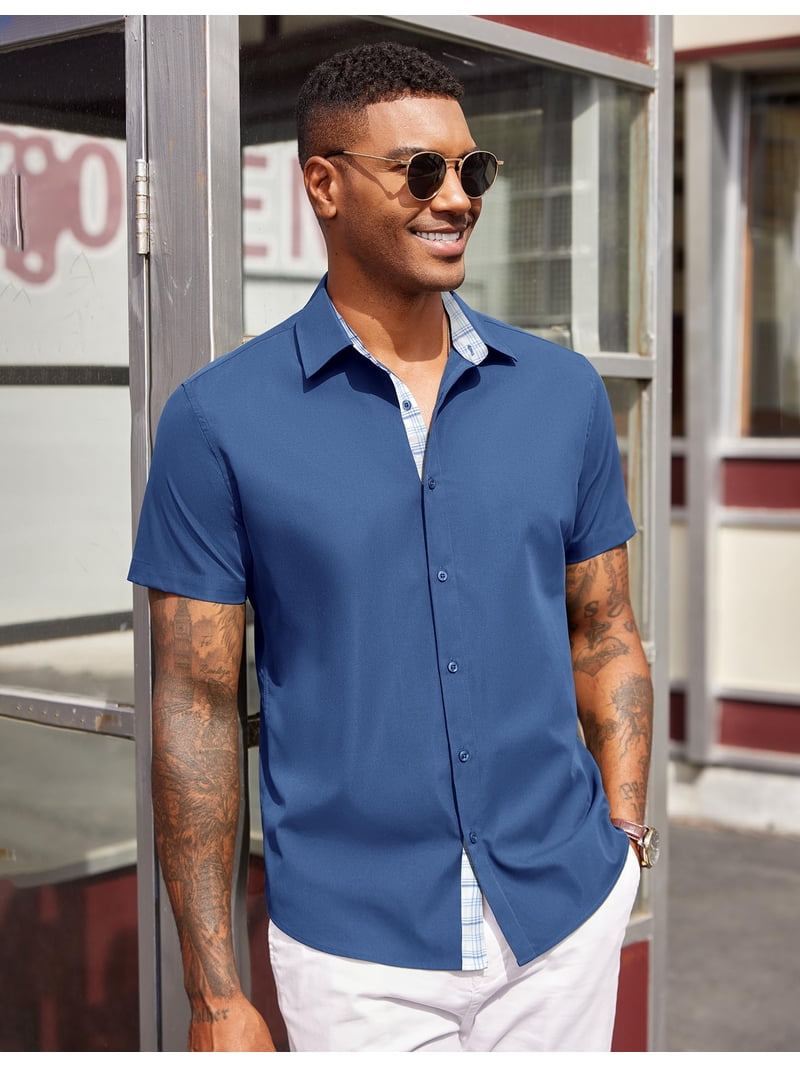 cooling dress shirts COOFANDY for Men Untucked Shirts Casual Short Sleeve Button Down Summer day comfort and a faux top button keeps the collar comfortable and relaxed Men's Cooling Fabric Formal Shirts