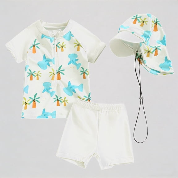 REDARER Toddler Boys' 3-Piece Swim Set – Tree Print Rash Guard Trunks Adjustable Swim Cap, UV-Protective Beach Swimwear,6-12 Months