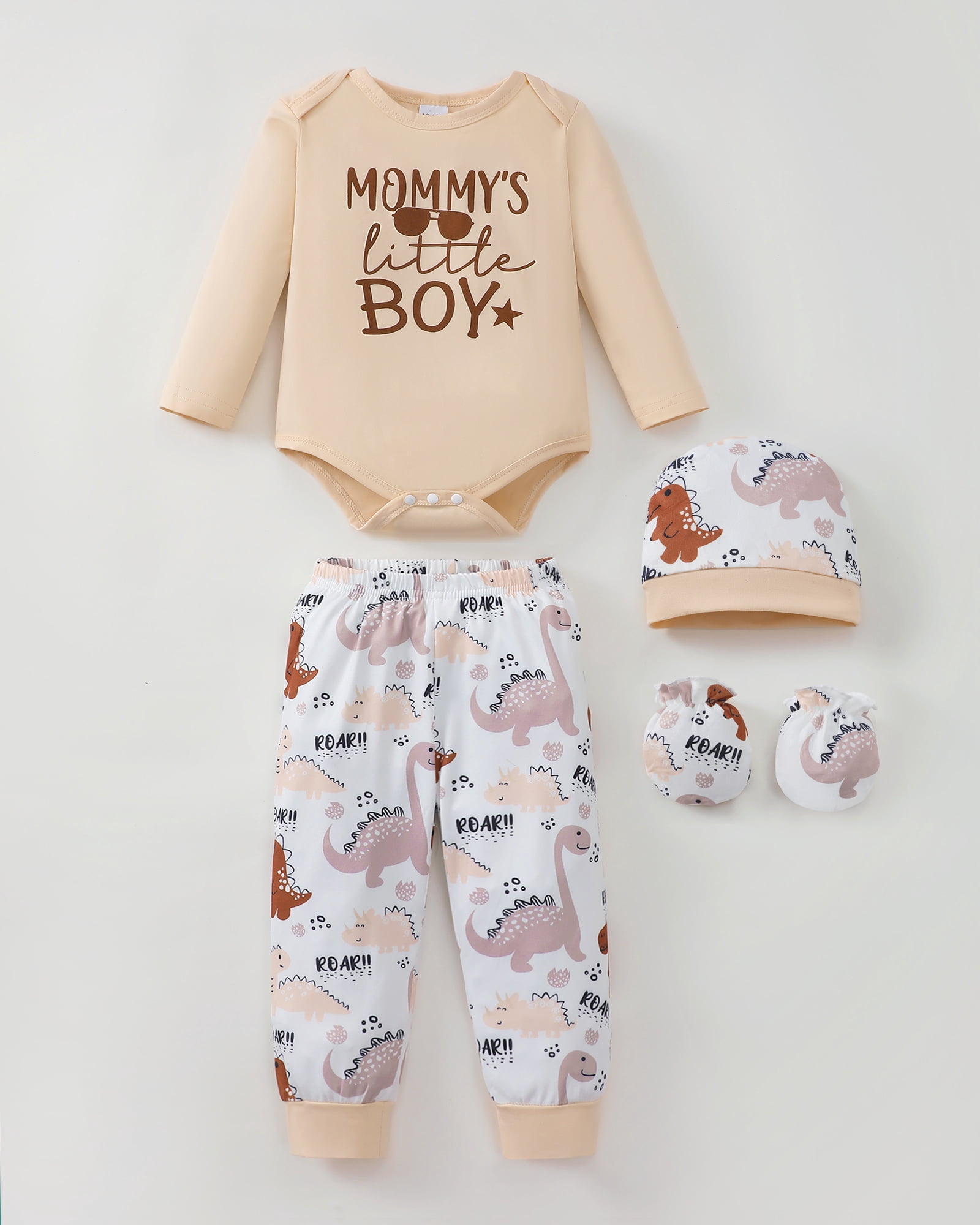 KIMI BEAR Newborn Baby Boys Layette Set 4 Packs Outfits Winter Clothes Sets Long Sleeves Romper Pants Dinosaur Print Stripped Top with Hat and Gloves 16pcs Gifts Brown 6-9 Months
