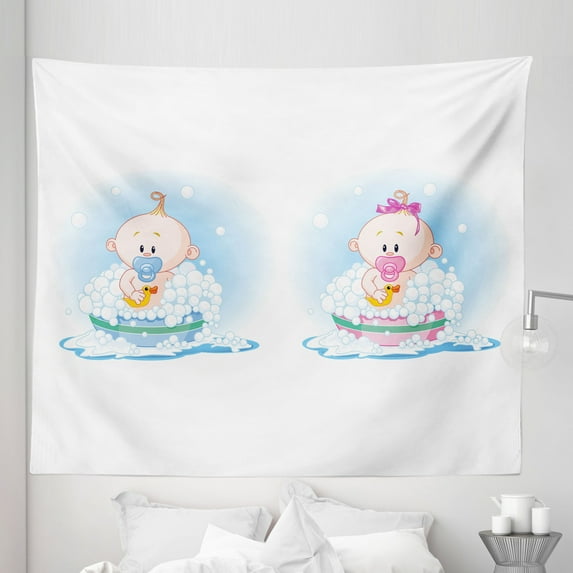 Colorful Tapestry, Girl and Boy in Bath with Bubbles Duck Picture Print, Fabric Wall Hanging Decor for Bedroom Living Room Dorm, 5 Sizes, Multicolor, by Ambesonne