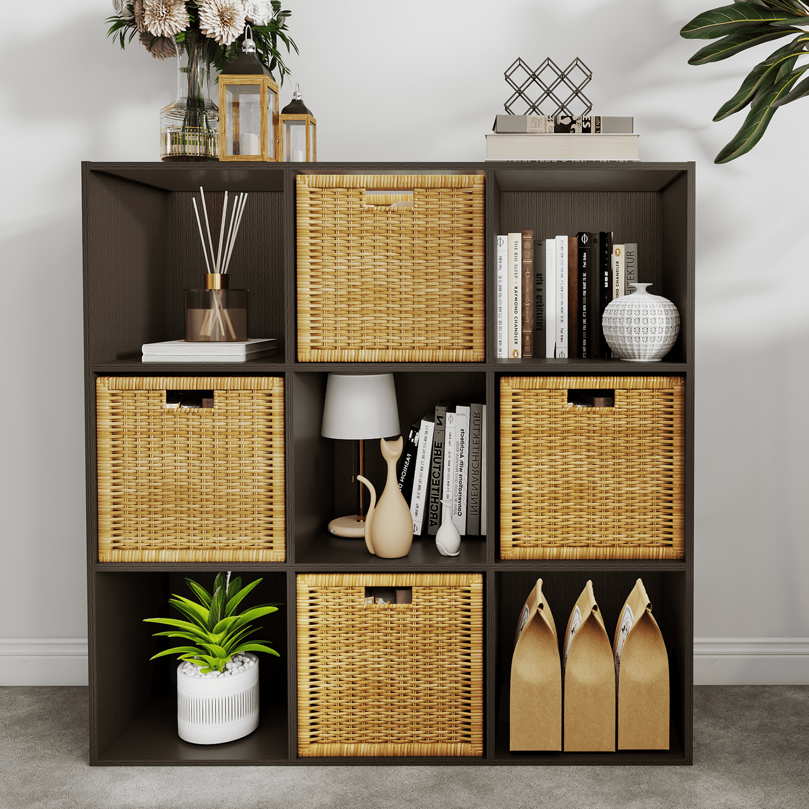 TrumanPick 9 Cube Storage Organizer, Wooden Stackable Bookcase with Anti-Tipping Kits, Cube Storage Shelves with Living Room, Bedroom, 36"D x 12"W x 36"H, Espresso