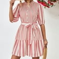 thumbnail image 4 of Wycnly Womens Dresses Fashion Button up Loose Flowy Swing A Line Mini Dresses with Belt Summer Striped Print Crewneck Elbow-Length Formal Short Dress Pink XL, 4 of 7