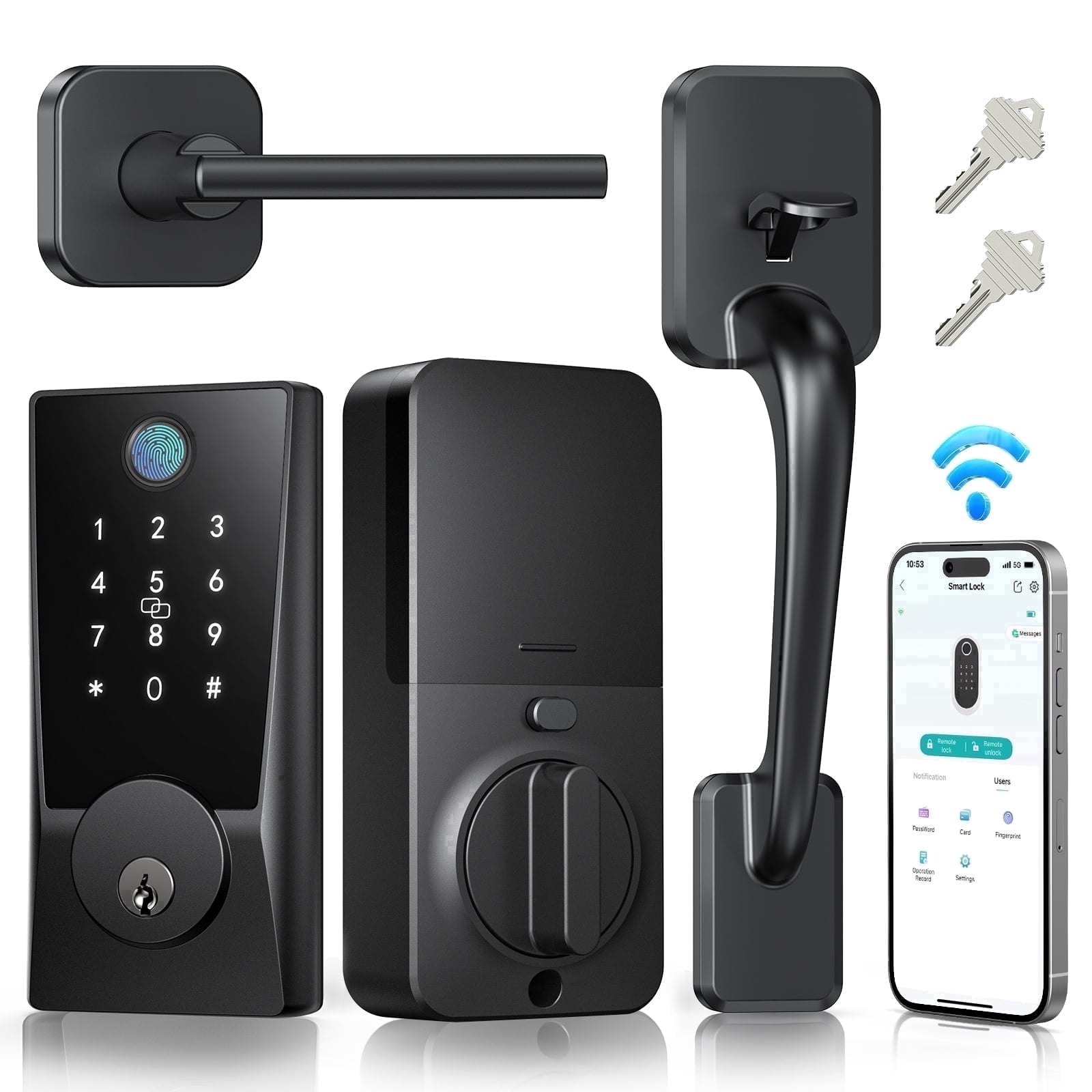 PIOJER WiFi Keyless Entry Door Lock with Handle Set, Fingerprint Smart Lock, Electronic Keypad Deadbolt for Front Door, App Control, No Hub Required