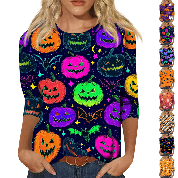Halloween 3/4 Sleeve T Shirts Womens Crew Neck Holiday Tees Tops Dark Purple XL