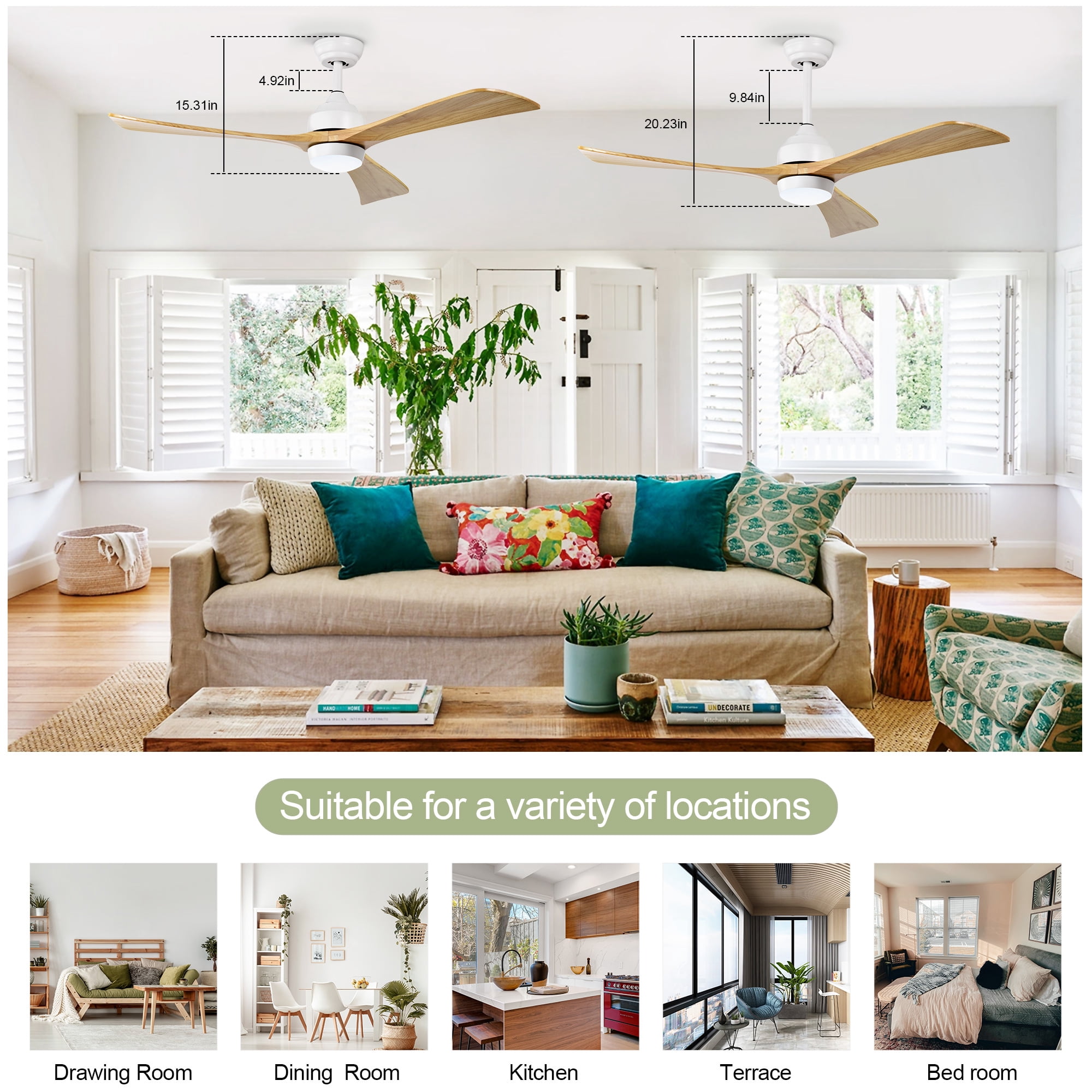 Ceiling Fan with Light, 52 Inch Solid Wood Blade Quiet Fan for Home Office Living Room, White Natural Wood