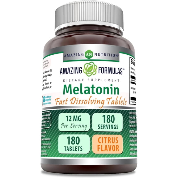 Amazing Formulas Melatonin 12 mg Per Serving 180 Tablets Citrus Flavor Supplement | Fast Dissolving Tablets | Non-GMO | Gluten Free