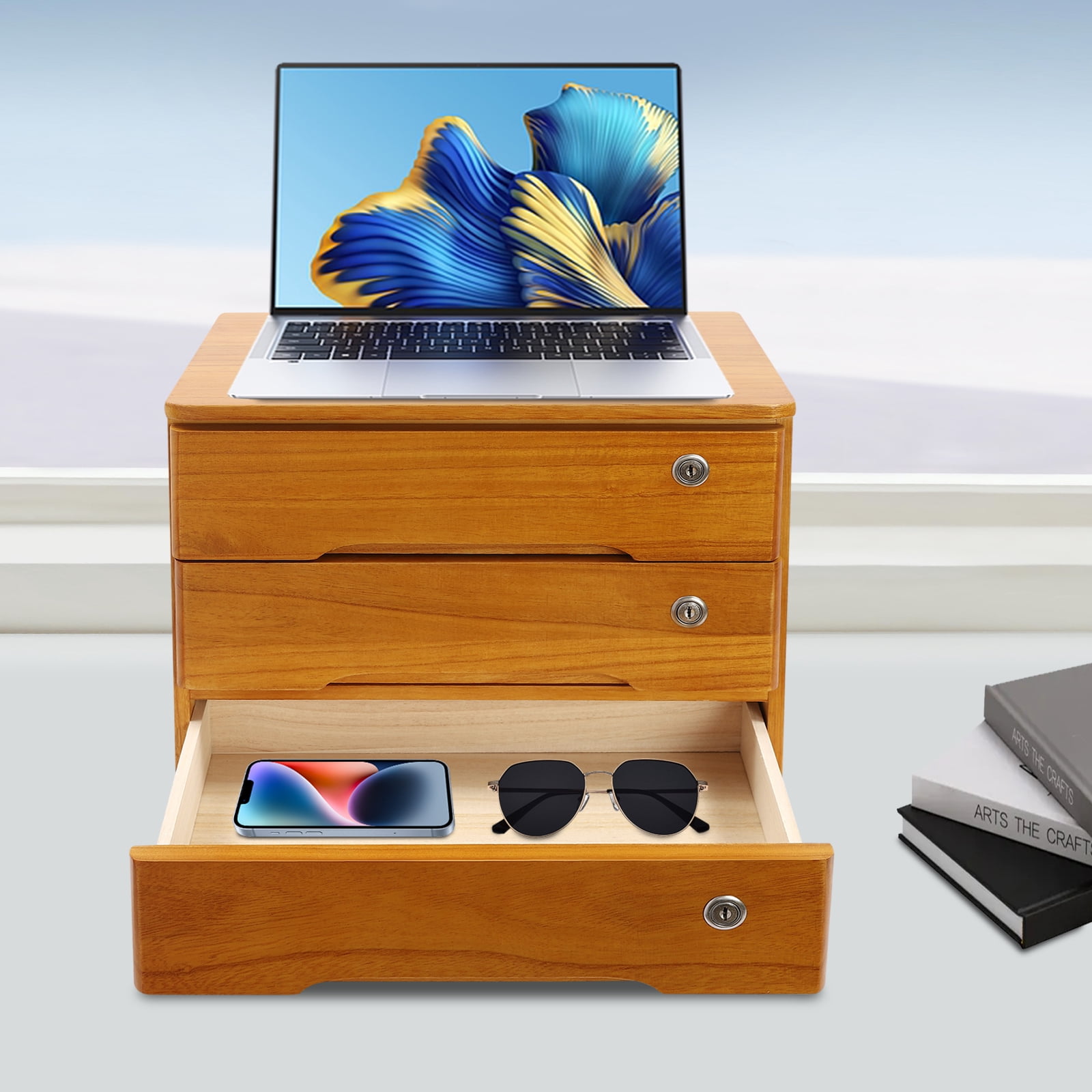 3-Tier Wooden Desk Organizer, Yellow Wood with Locking Drawers, Secure Storage with Smooth Edges and Anti-Slip Pads for Home and Office Use