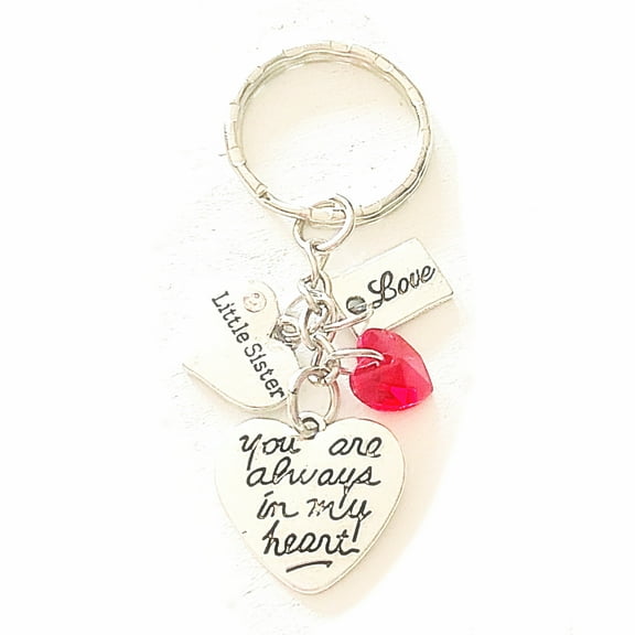 Little Sister Silver Charm Keychain You Are Always in My Heart Personalized Gift of Love