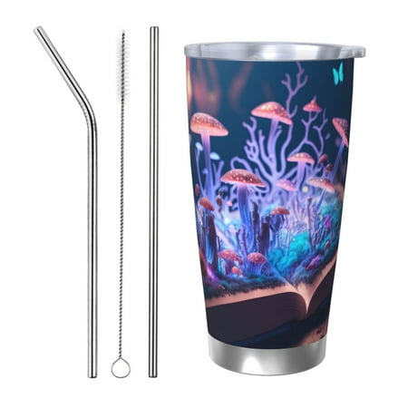 

Zeuib Book Glowing Mushrooms Printed 20oz Stainless Steel Insulated Car Cup Stainless Steel Thermal Cup Vacuum Insulated Leak-proof Travel Mug Cup-Straw Three-piece Set