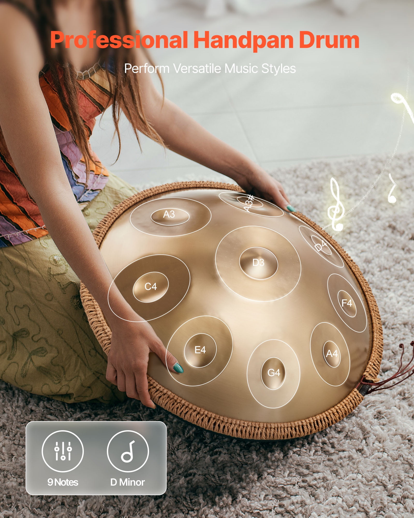 VEVOR Handpan Drum, 22 in 9 Notes Steel Hand Drum, 432Hz D Minor Musical Drums with Woven Edge Guard, 2 Mallets & Carrying Case, Fade-Resistant Percussion Instrument for Professional Performance