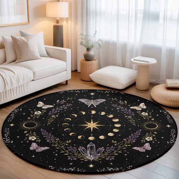 Whimsical Lunar Round Living Room Rugs 5 ft, Lunar Cycle Purple Butterfly Floral Quartzcrystals Black Washable Area Rug with Non-Slip Edge Binding Round Carpet for Entryway Kitchen Bedroom Bathroom