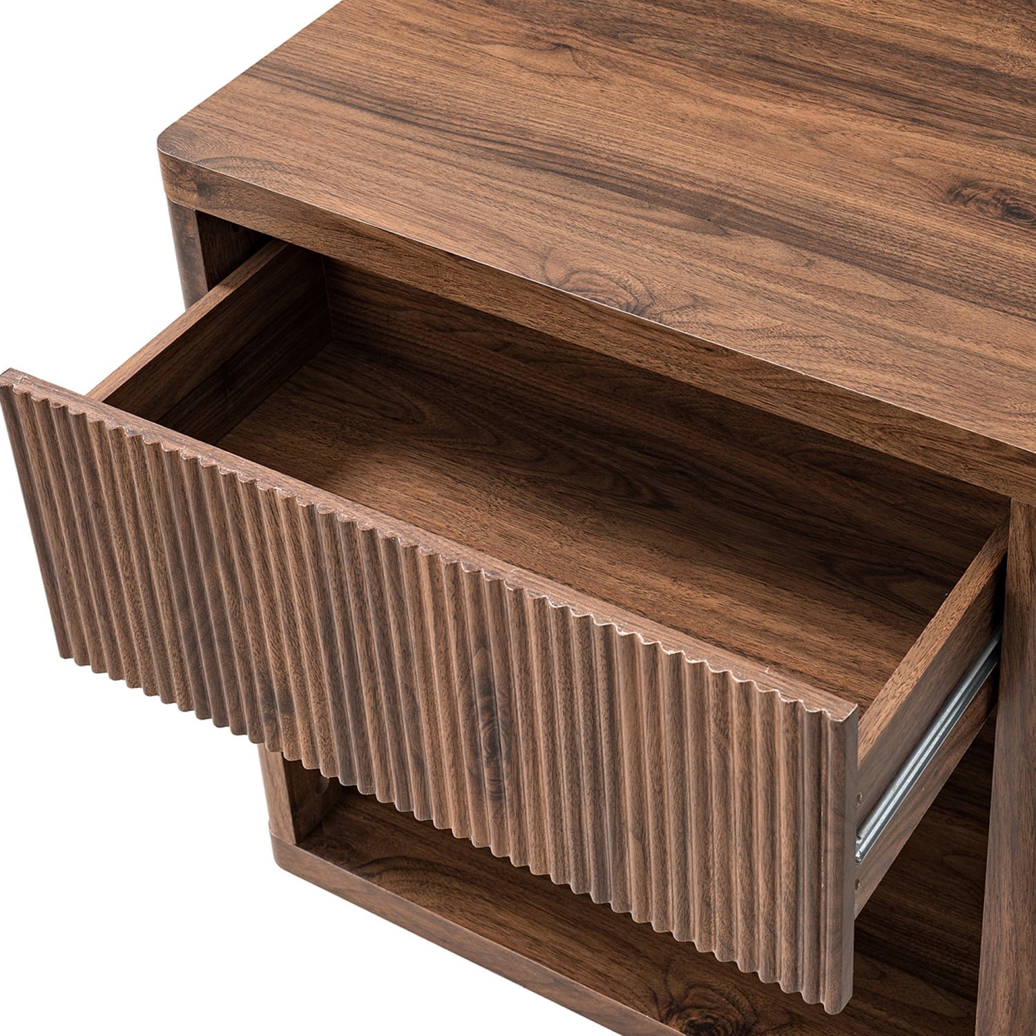 Modern Fluted Nightstand with Drawer Storage, Large Wide Bedside Table with Open Shelf, Mid Century End Table for Bedroom, Living Room Sofa Couch, Home Office, Brown