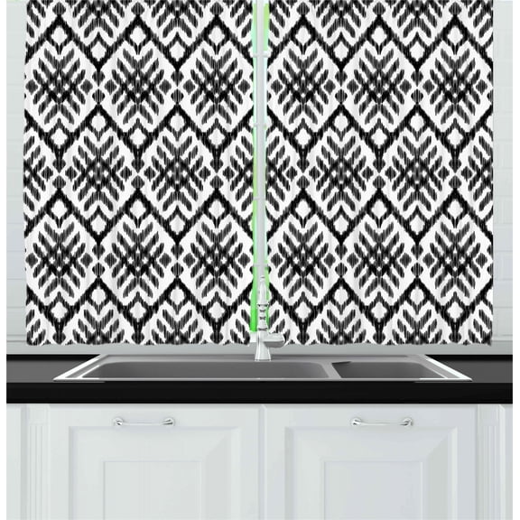 Ambesonne Tribal Kitchen Curtains, Diagonal Bohemic Shapes, 55"x39", Black and White